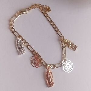 Gold Filled Tricolor Virgin Mary Roses Charm Bracelet